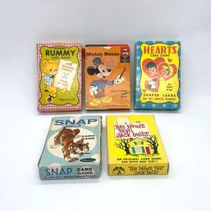 Vintage Childrens Card Games, Set of 5 Games Rummy, Snap, Hearts, Mickey, More